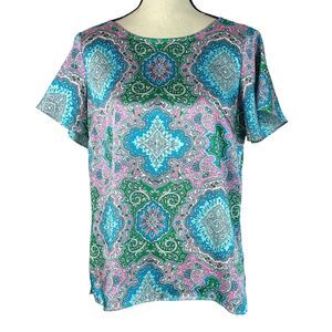 Talbots Petite Medium PM Top Geometric Flutter Sleeves Lightweight Scoop Neck